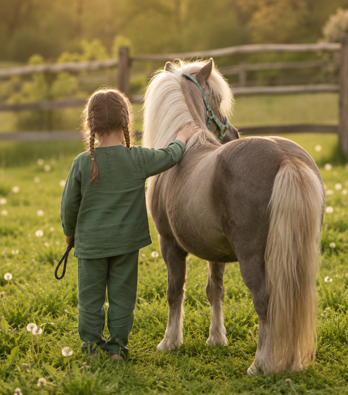 Kind steht mit Shetlandpony auf einer sonnigen Wiese
