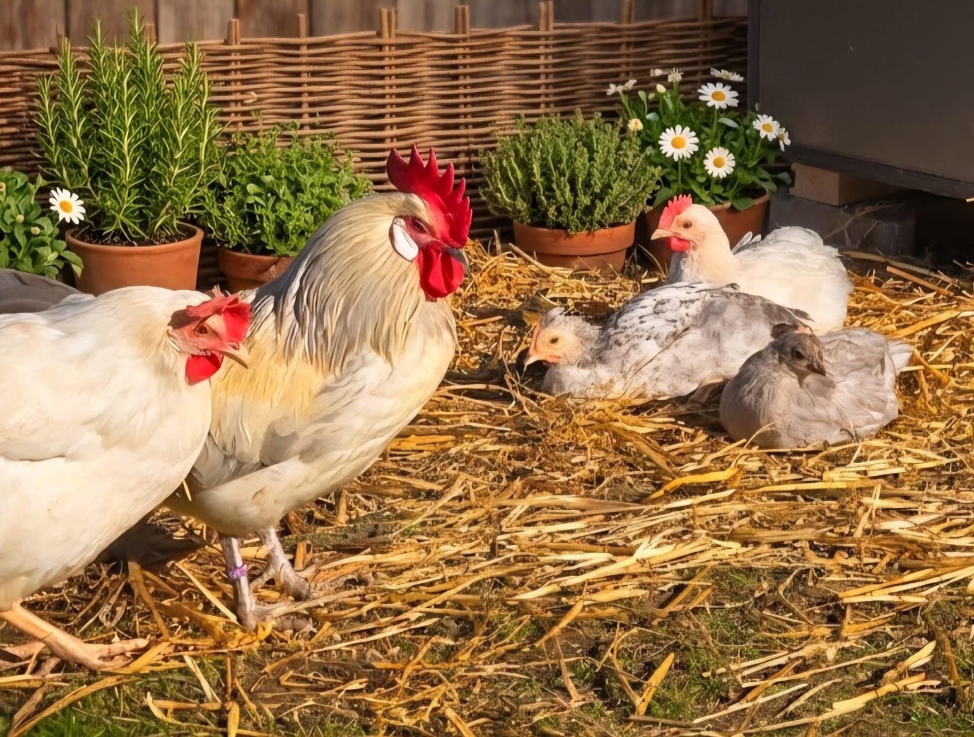 Hahn und Hennen im Stroh