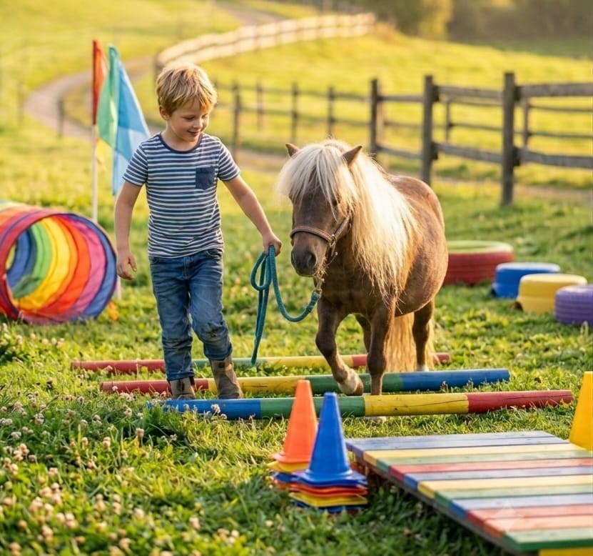 Kind führt Shetlandpony durch einen bunten Parcours